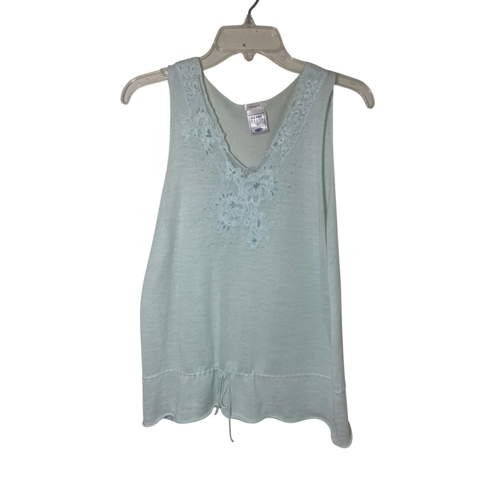 Old Navy Light Blue Embroidered Beaded Knit Tank Top L Whimsy Romantic Ramie